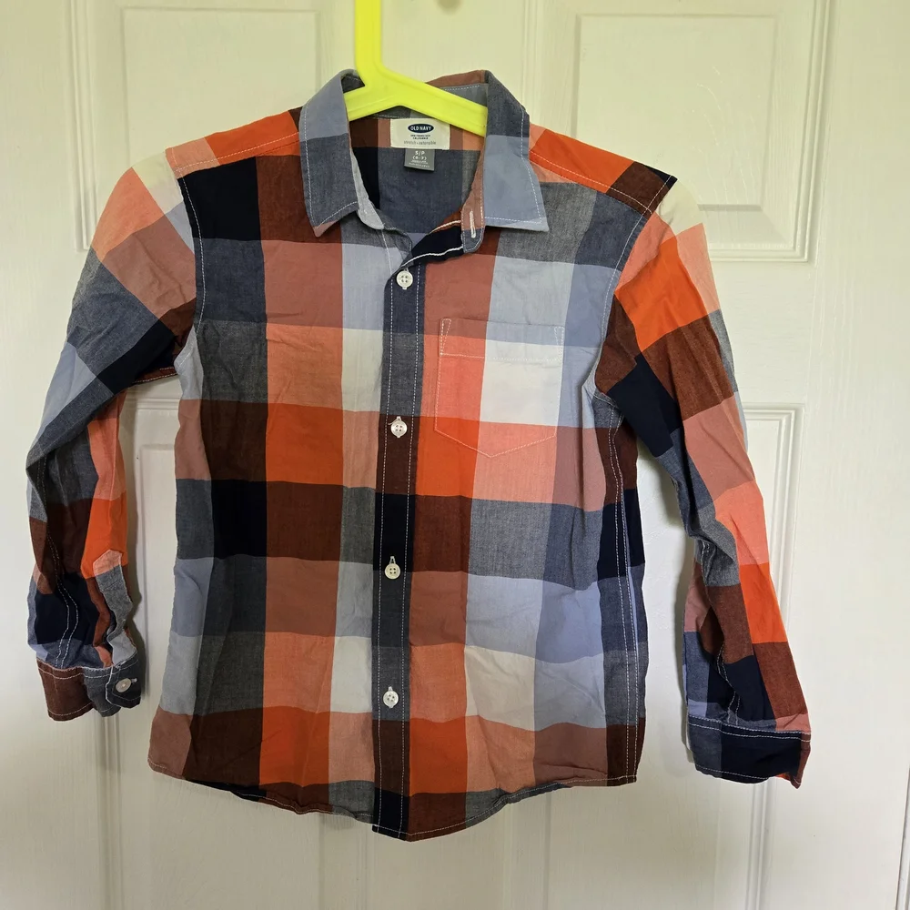 Old Navy S(6/7) Plaid Button Up Longsleeve Kids Shirt - Orange, Blue, and White